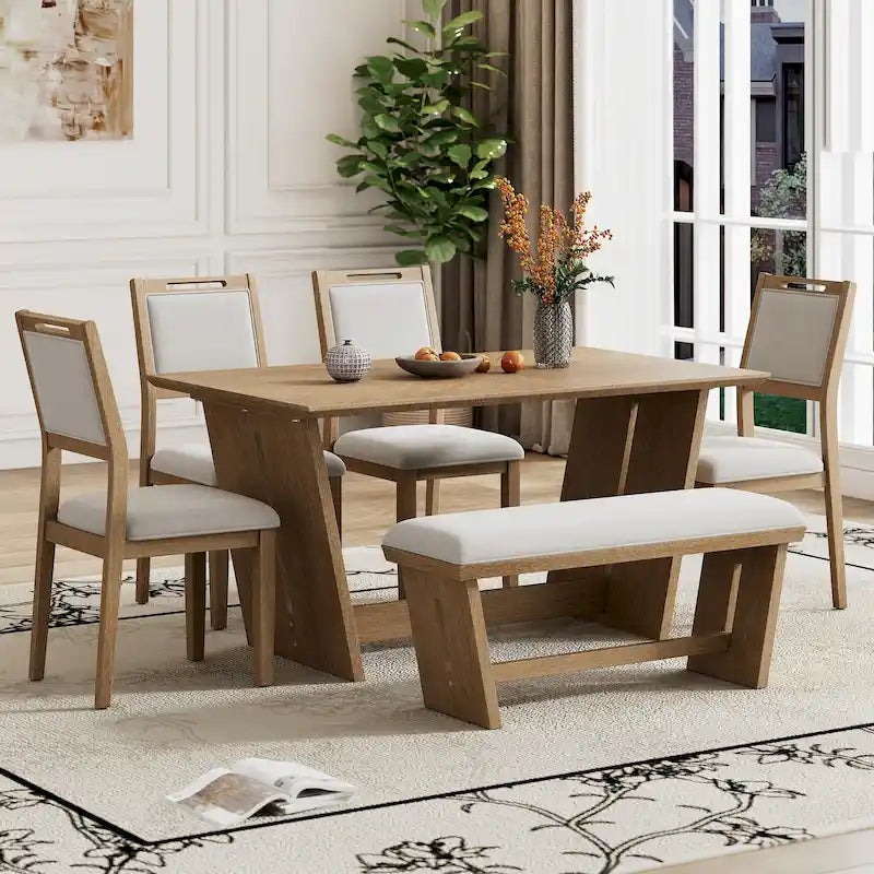 6 Pcs Dining Table Set, Wood Dining Kitchen Table and Chairs Set with Rectangular Table, 4 Upholstered Chairs and 1 Bench