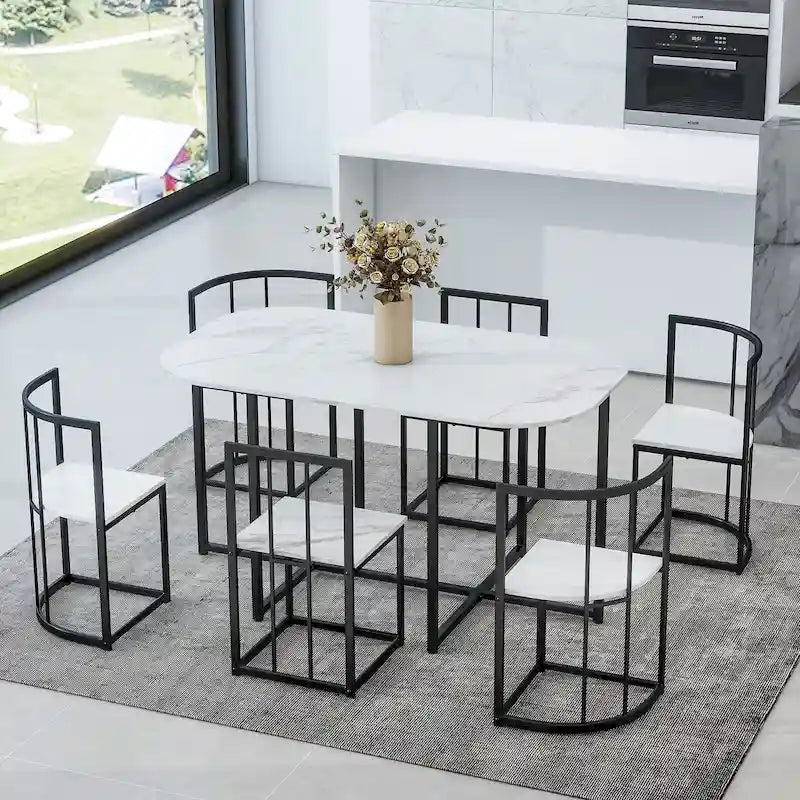 Modern 7-Piece Metal Frame Dining Table Set with Half-Round Table & 6 Chairs