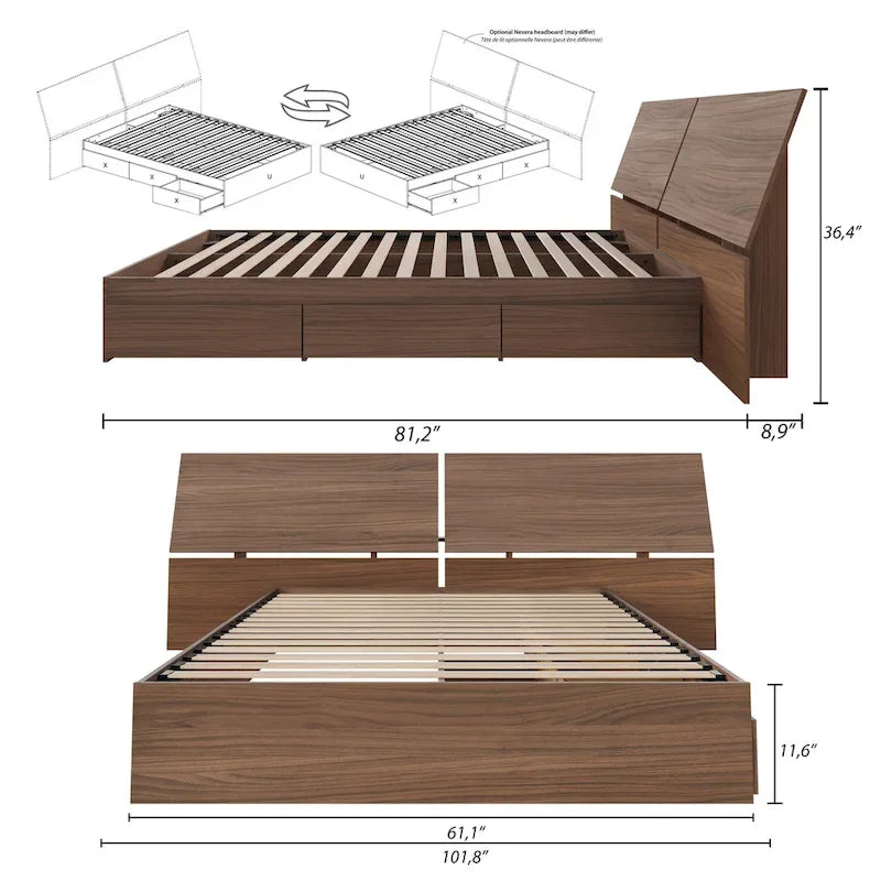 Nexera Storage Bed with Headboard, Walnut
