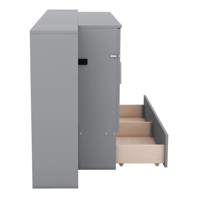 Full Size Wooden Murphy Bed with Shelves, Drawers and USB Ports