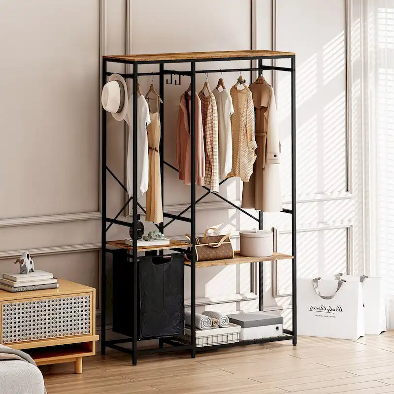 Freestanding Clothing Rack with Bottom Mesh Storage Rack