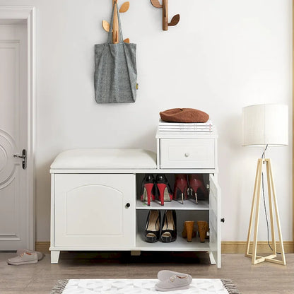 Shoe Storage Bench with PU Cushion and Movable Drawer