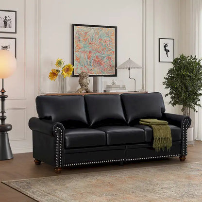 Classic 83 PU Leather Upholstered 3-Seater Sofa with Bottom Storage Box and Nailhead Decoration