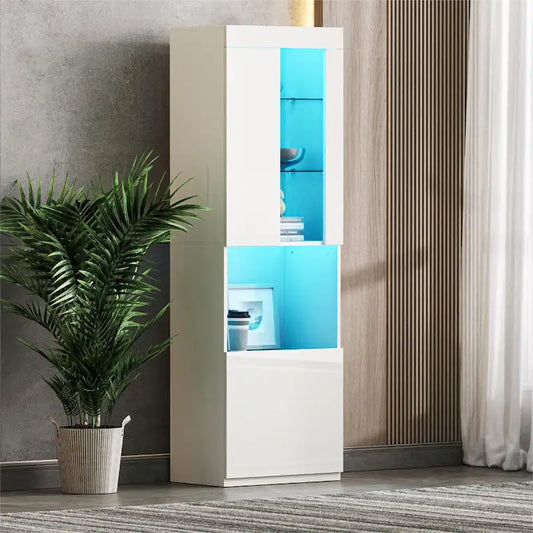 High Gloss Storage Cabinet with LED Lights,67 Tall Cabinet with Acrylic Door,with Open Countertop and Tempered Glass Shelves