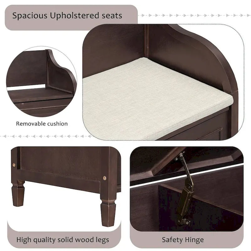 Farmhouse Solid Wood Multi-Purpose Upholstered Storage Bench