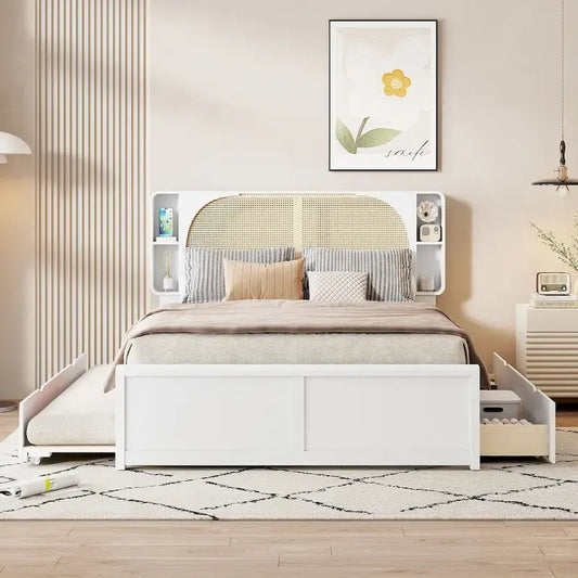 Queen Size Rattan Headboard Bed with Two Storage Drawers and Trundle, White