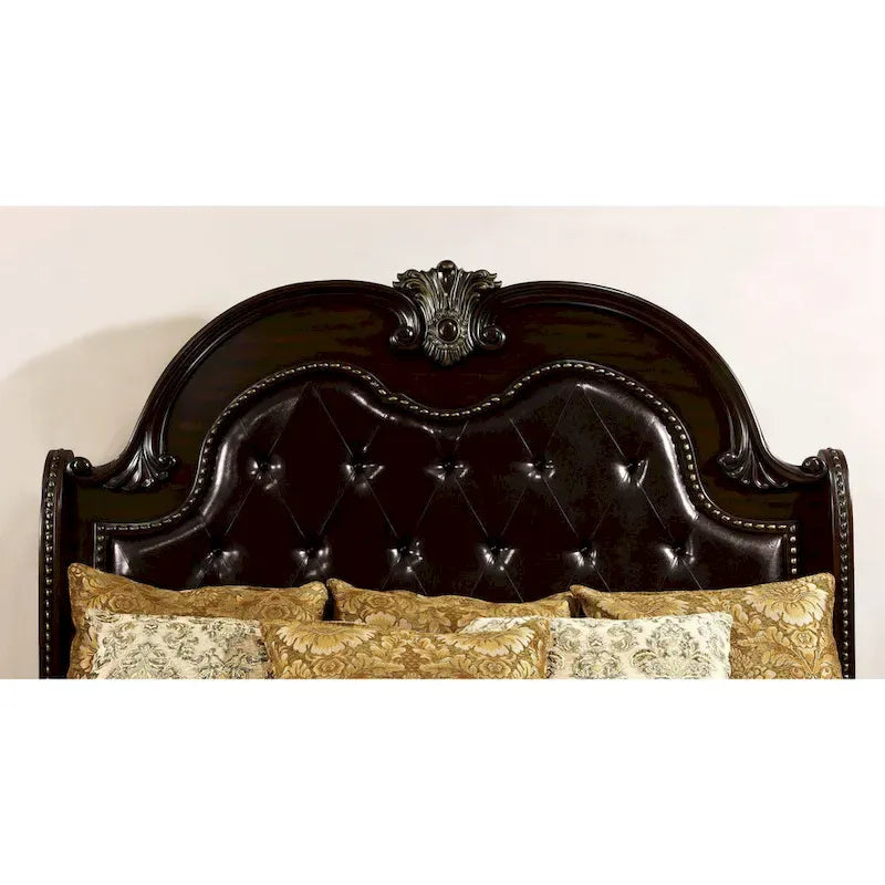 Furniture of America Etane Traditional Solid Wood Sleigh Bed with Tufted Leatherette Headboard