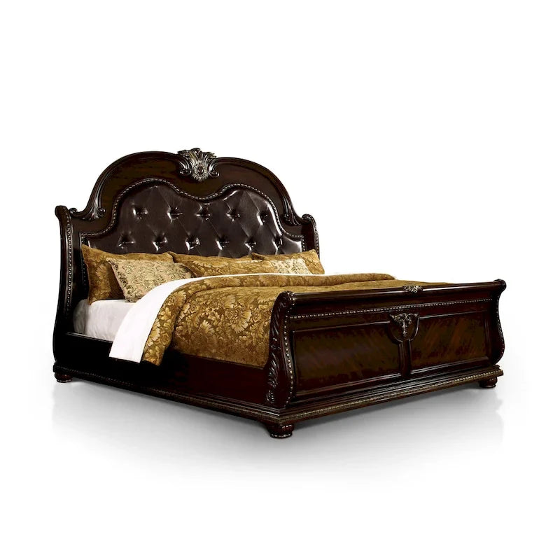 Furniture of America Etane Traditional Solid Wood Sleigh Bed with Tufted Leatherette Headboard