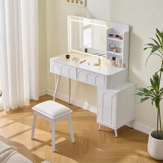 Modern Makeup Vanity Desk with LED Lights & Mirror, 4 Drawer Dressing Table Set with Stool, 3 Colors Dimmable Brightness