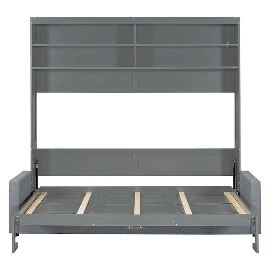 Queen Convertible Murphy Bed with Sofa, 2-in-1 Design, Storage & Dual-Piston Mechanism
