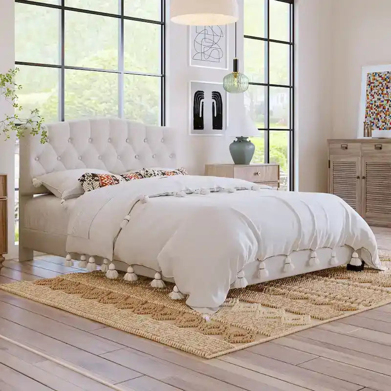 Upholstered Platform Bed with Saddle Curved Headboard and Diamond Tufted Details, Full, Beige