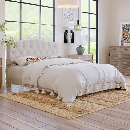 Upholstered Platform Bed with Saddle Curved Headboard and Diamond Tufted Details, Full, Beige