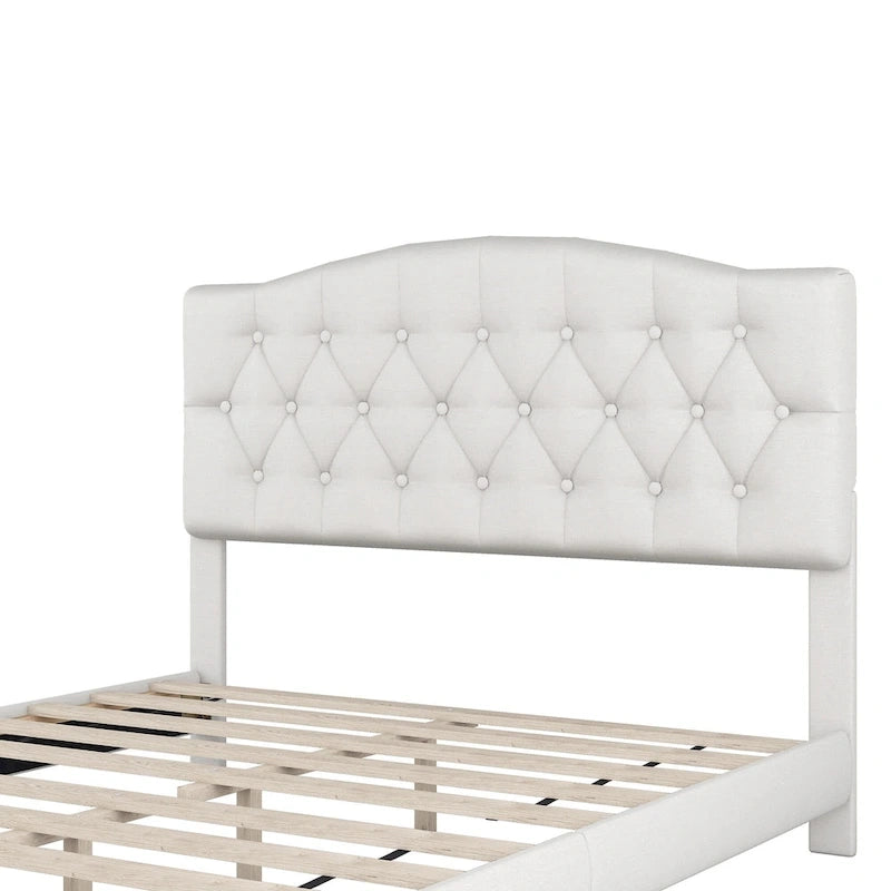Upholstered Platform Bed with Saddle Curved Headboard and Diamond Tufted Details, Full, Beige