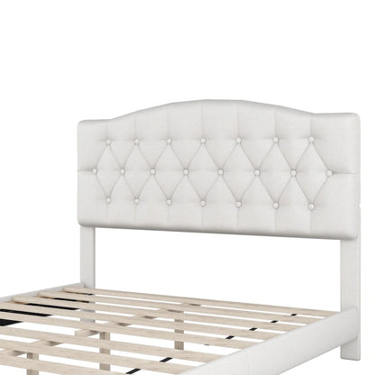 Upholstered Platform Bed with Saddle Curved Headboard and Diamond Tufted Details, Full, Beige