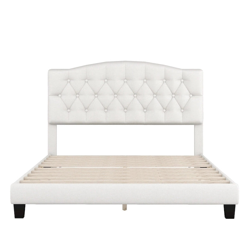 Upholstered Platform Bed with Saddle Curved Headboard and Diamond Tufted Details, Full, Beige
