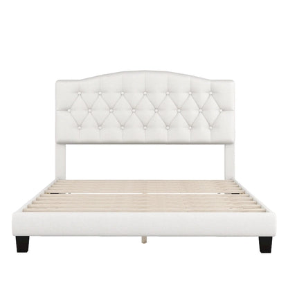 Upholstered Platform Bed with Saddle Curved Headboard and Diamond Tufted Details, Full, Beige