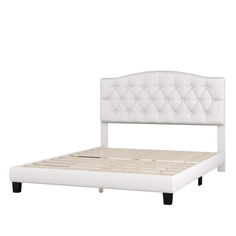 Upholstered Platform Bed with Saddle Curved Headboard and Diamond Tufted Details, Full, Beige