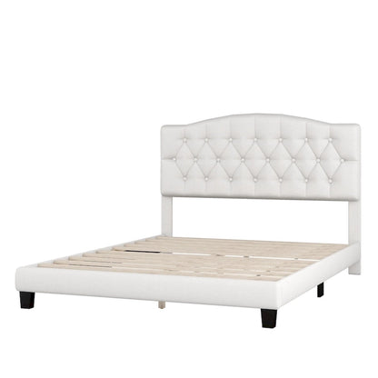 Upholstered Platform Bed with Saddle Curved Headboard and Diamond Tufted Details, Full, Beige