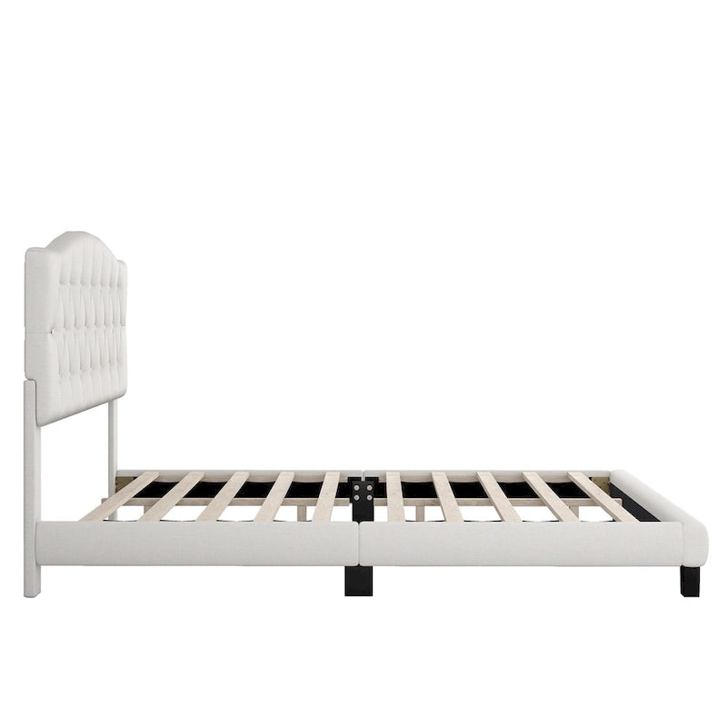 Upholstered Platform Bed with Saddle Curved Headboard and Diamond Tufted Details, Full, Beige