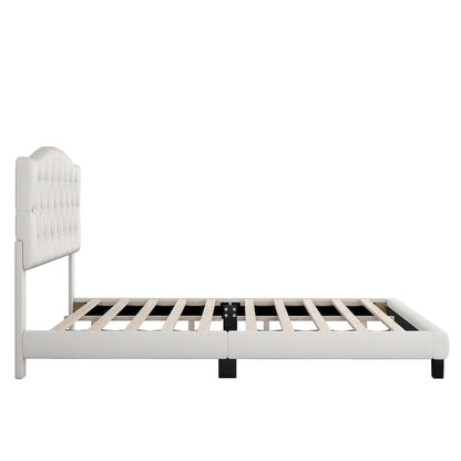 Upholstered Platform Bed with Saddle Curved Headboard and Diamond Tufted Details, Full, Beige