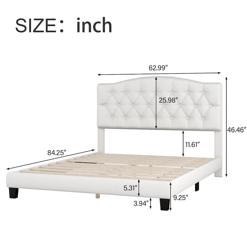 Upholstered Platform Bed with Saddle Curved Headboard and Diamond Tufted Details, Full, Beige
