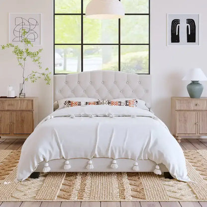 Upholstered Platform Bed with Saddle Curved Headboard and Diamond Tufted Details, Full, Beige