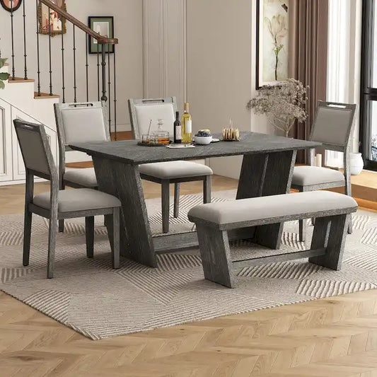 6 Pcs Dining Table Set, Wood Dining Kitchen Table and Chairs Set with Rectangular Table, 4 Upholstered Chairs and 1 Bench