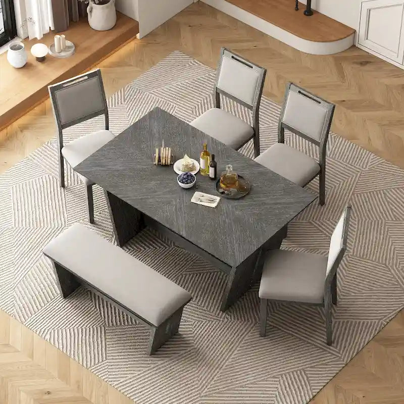6 Pcs Dining Table Set, Wood Dining Kitchen Table and Chairs Set with Rectangular Table, 4 Upholstered Chairs and 1 Bench