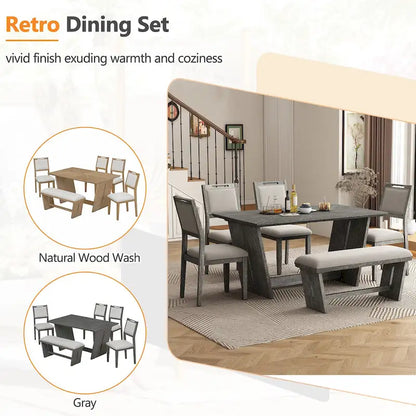 6 Pcs Dining Table Set, Wood Dining Kitchen Table and Chairs Set with Rectangular Table, 4 Upholstered Chairs and 1 Bench