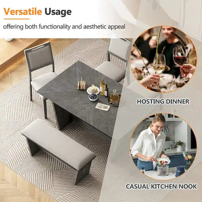 6 Pcs Dining Table Set, Wood Dining Kitchen Table and Chairs Set with Rectangular Table, 4 Upholstered Chairs and 1 Bench
