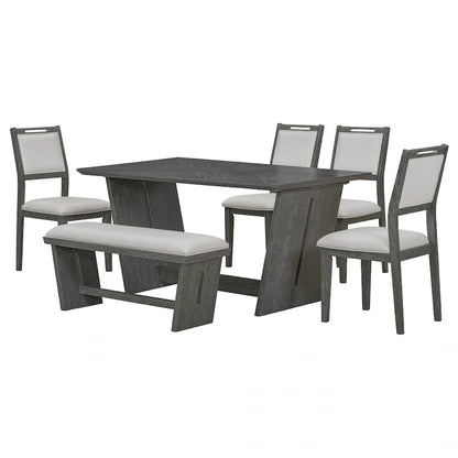 6 Pcs Dining Table Set, Wood Dining Kitchen Table and Chairs Set with Rectangular Table, 4 Upholstered Chairs and 1 Bench