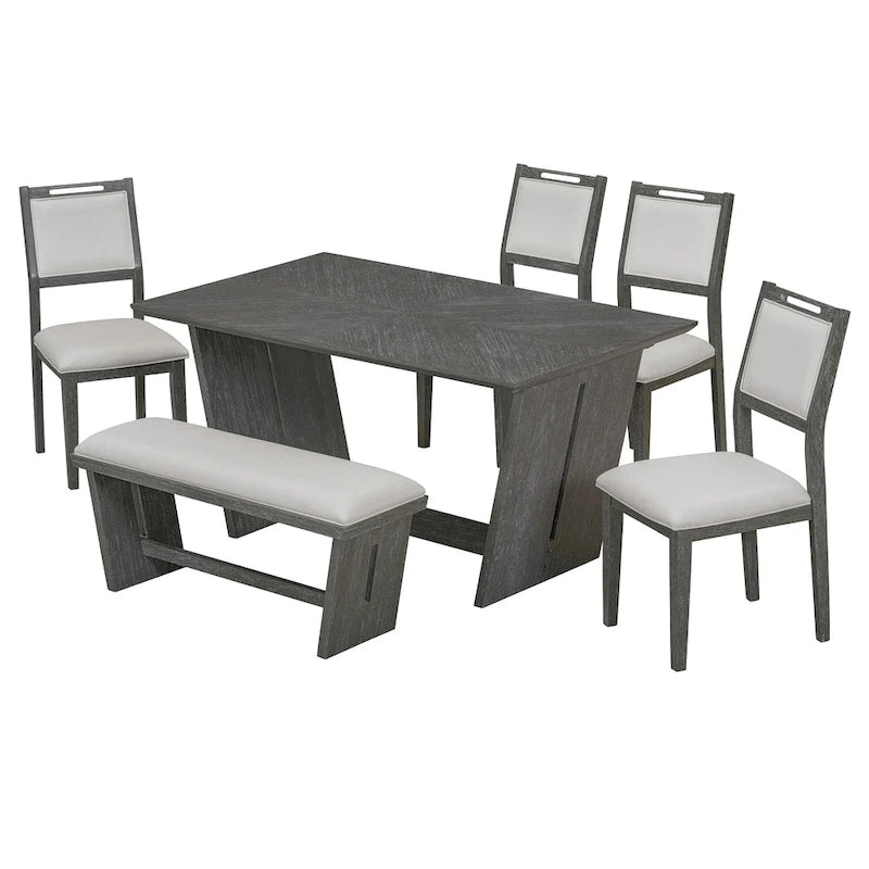 6 Pcs Dining Table Set, Wood Dining Kitchen Table and Chairs Set with Rectangular Table, 4 Upholstered Chairs and 1 Bench