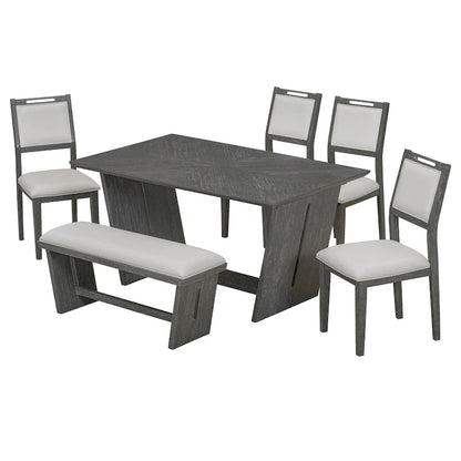 6 Pcs Dining Table Set, Wood Dining Kitchen Table and Chairs Set with Rectangular Table, 4 Upholstered Chairs and 1 Bench