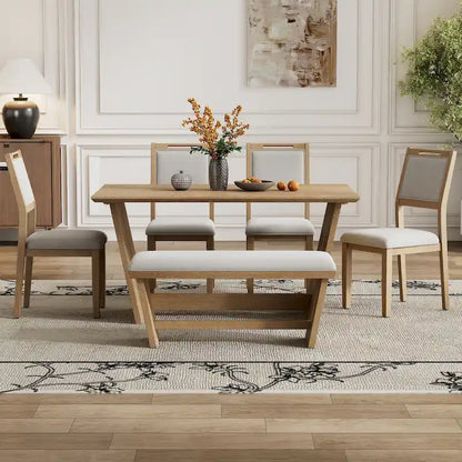 6 Pcs Dining Table Set, Wood Dining Kitchen Table and Chairs Set with Rectangular Table, 4 Upholstered Chairs and 1 Bench