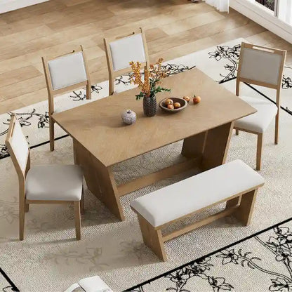 6 Pcs Dining Table Set, Wood Dining Kitchen Table and Chairs Set with Rectangular Table, 4 Upholstered Chairs and 1 Bench
