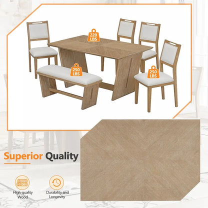 6 Pcs Dining Table Set, Wood Dining Kitchen Table and Chairs Set with Rectangular Table, 4 Upholstered Chairs and 1 Bench
