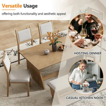 6 Pcs Dining Table Set, Wood Dining Kitchen Table and Chairs Set with Rectangular Table, 4 Upholstered Chairs and 1 Bench