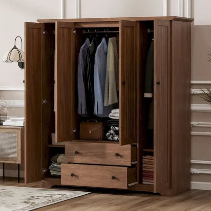4 Door Wardrobe Armoire Closet with 2 Drawers, Freestanding Wardrobe Clothes Storage Cabinet with Hanging Rods
