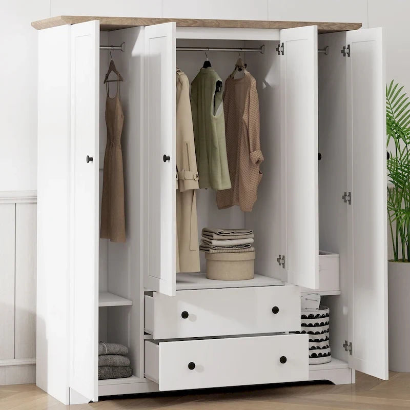 4 Door Wardrobe Armoire Closet with 2 Drawers, Freestanding Wardrobe Clothes Storage Cabinet with Hanging Rods
