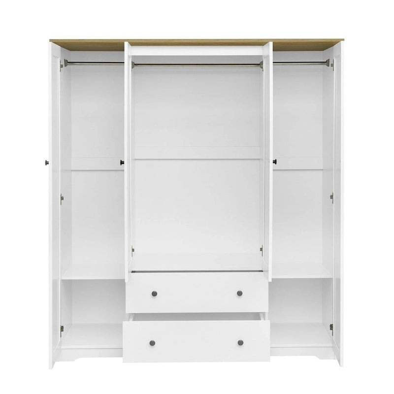 4 Door Wardrobe Armoire Closet with 2 Drawers, Freestanding Wardrobe Clothes Storage Cabinet with Hanging Rods