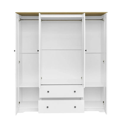 4 Door Wardrobe Armoire Closet with 2 Drawers, Freestanding Wardrobe Clothes Storage Cabinet with Hanging Rods