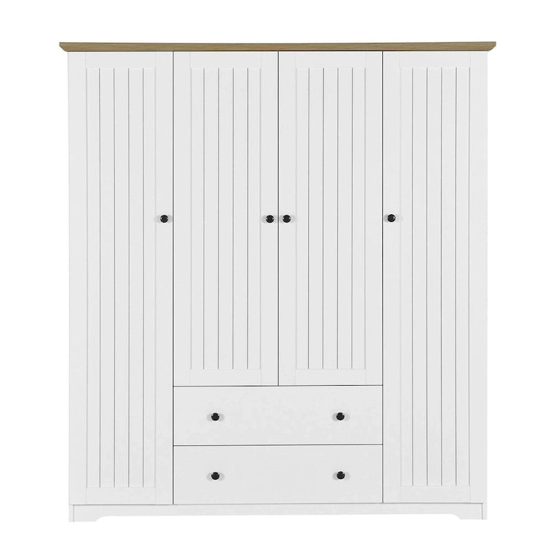 4 Door Wardrobe Armoire Closet with 2 Drawers, Freestanding Wardrobe Clothes Storage Cabinet with Hanging Rods
