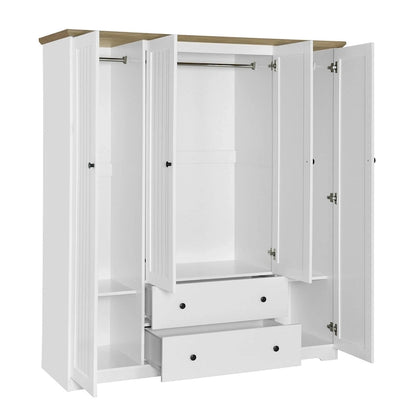 4 Door Wardrobe Armoire Closet with 2 Drawers, Freestanding Wardrobe Clothes Storage Cabinet with Hanging Rods