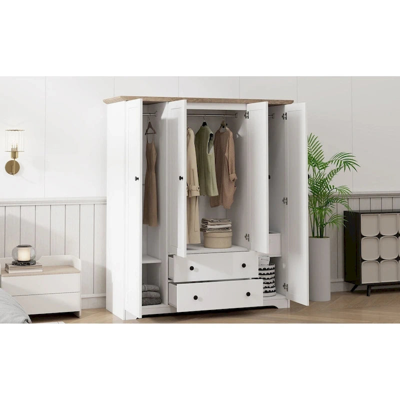 4 Door Wardrobe Armoire Closet with 2 Drawers, Freestanding Wardrobe Clothes Storage Cabinet with Hanging Rods