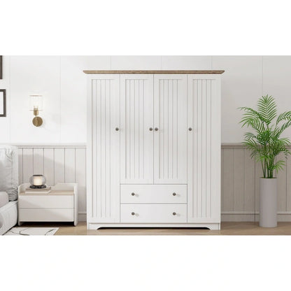 4 Door Wardrobe Armoire Closet with 2 Drawers, Freestanding Wardrobe Clothes Storage Cabinet with Hanging Rods