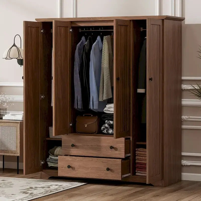 4 Door Wardrobe Armoire Closet with 2 Drawers, Freestanding Wardrobe Clothes Storage Cabinet with Hanging Rods
