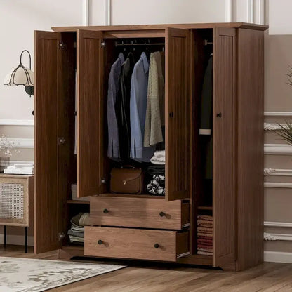 4 Door Wardrobe Armoire Closet with 2 Drawers, Freestanding Wardrobe Clothes Storage Cabinet with Hanging Rods