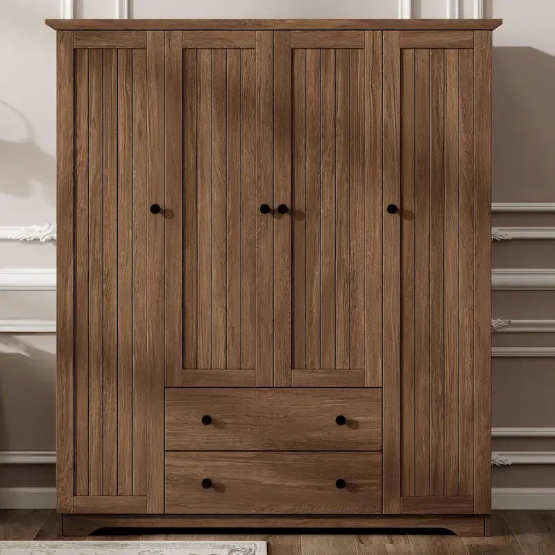 4 Door Wardrobe Armoire Closet with 2 Drawers, Freestanding Wardrobe Clothes Storage Cabinet with Hanging Rods