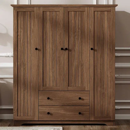 4 Door Wardrobe Armoire Closet with 2 Drawers, Freestanding Wardrobe Clothes Storage Cabinet with Hanging Rods