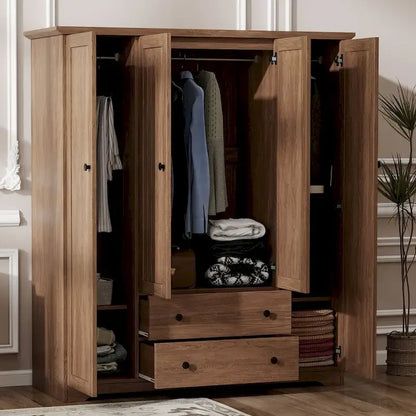 4 Door Wardrobe Armoire Closet with 2 Drawers, Freestanding Wardrobe Clothes Storage Cabinet with Hanging Rods
